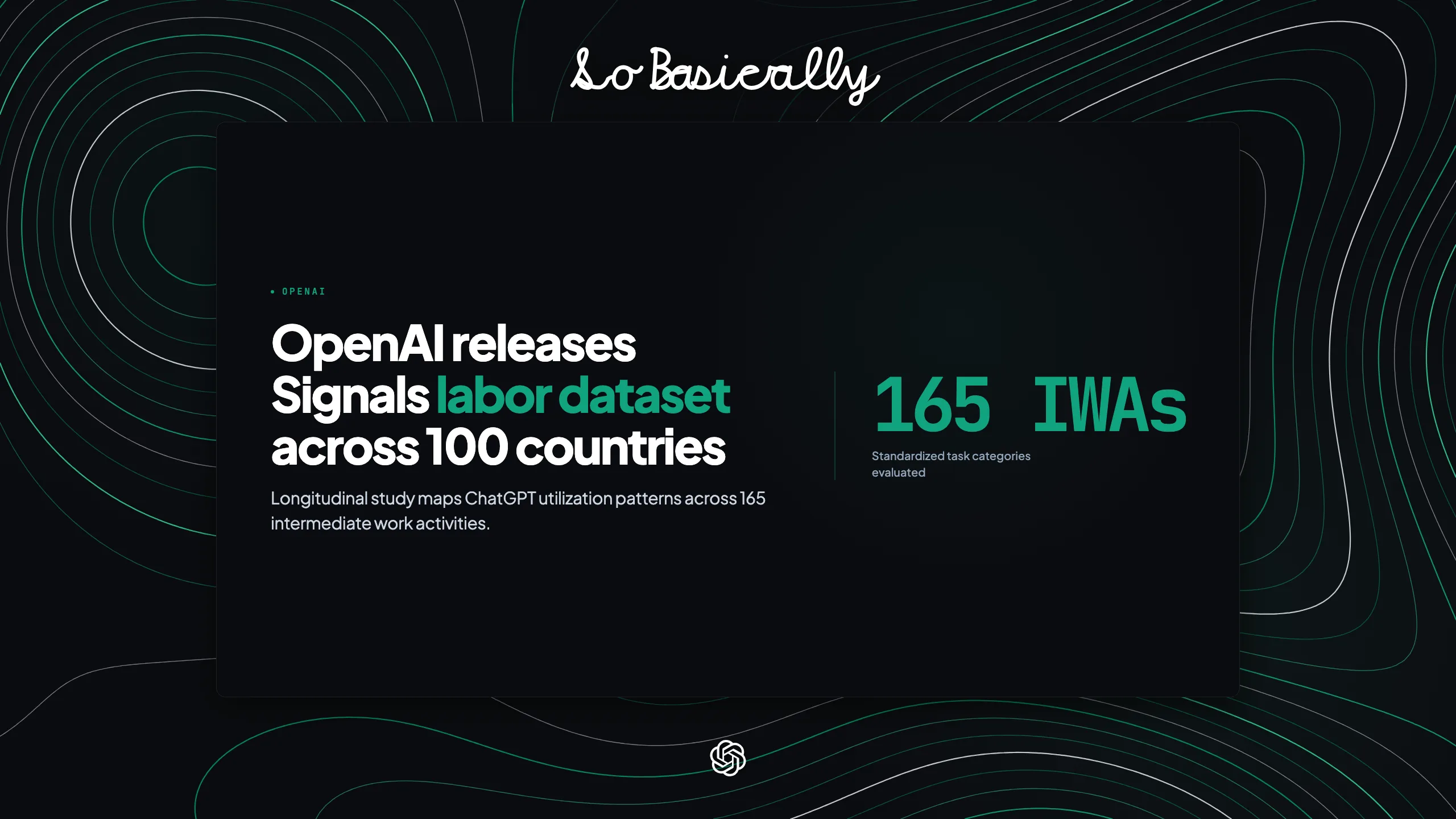 Topographic elevation contour card for OpenAI releases Signals labor dataset tracking ChatGPT tasks across 165 work categories in 100 countries